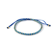 Bracelet femme bleu Capri et or en perle de verre Miyuki, fil bleu marine. Fermoir coulissant ajustable