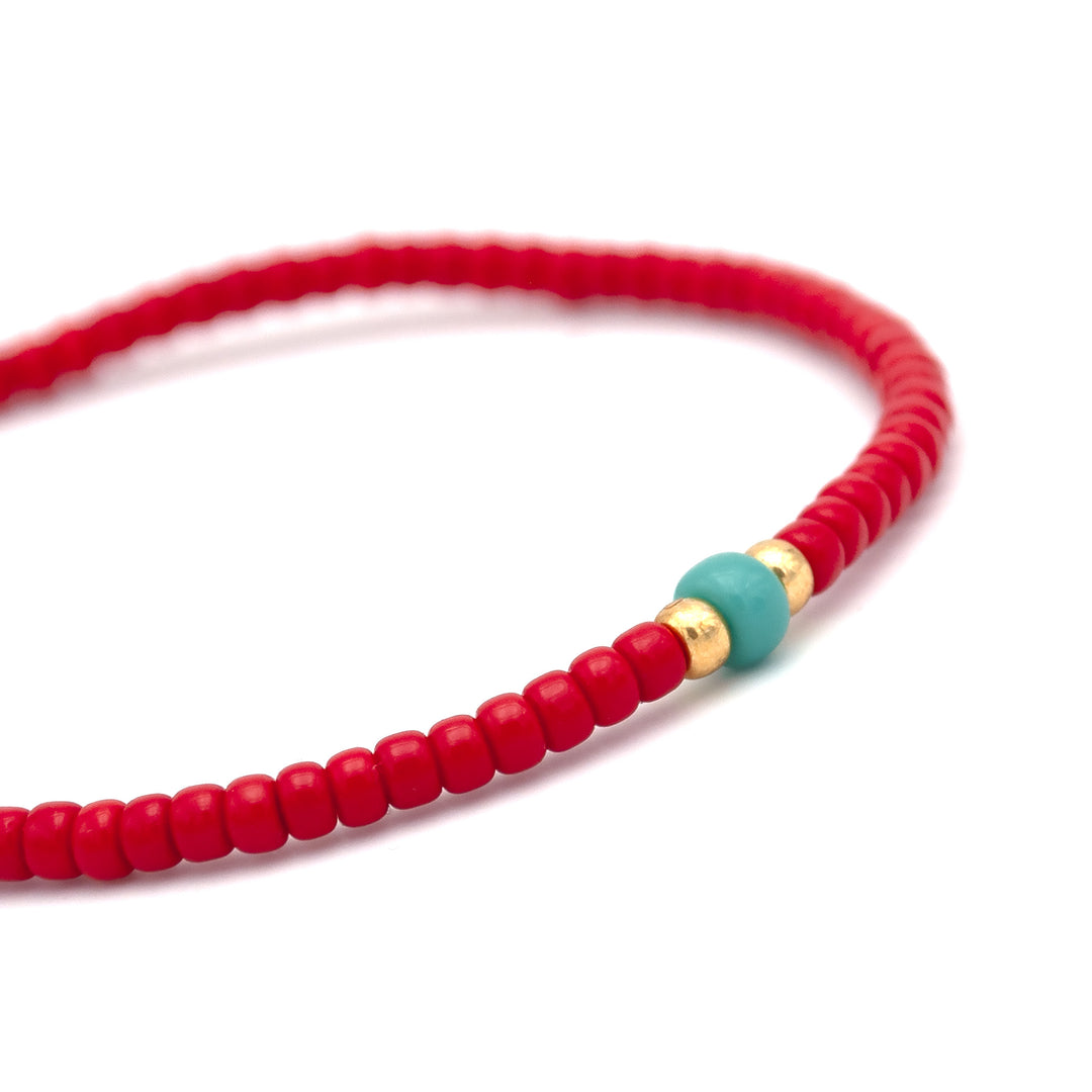 "JE SUIS UNIQUE" Bracelet perle Miyuki rouge, turquoise et or