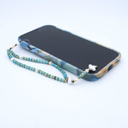 Chapelet de téléphone jaspe bleu, nacre et perles de verre Miyuki or