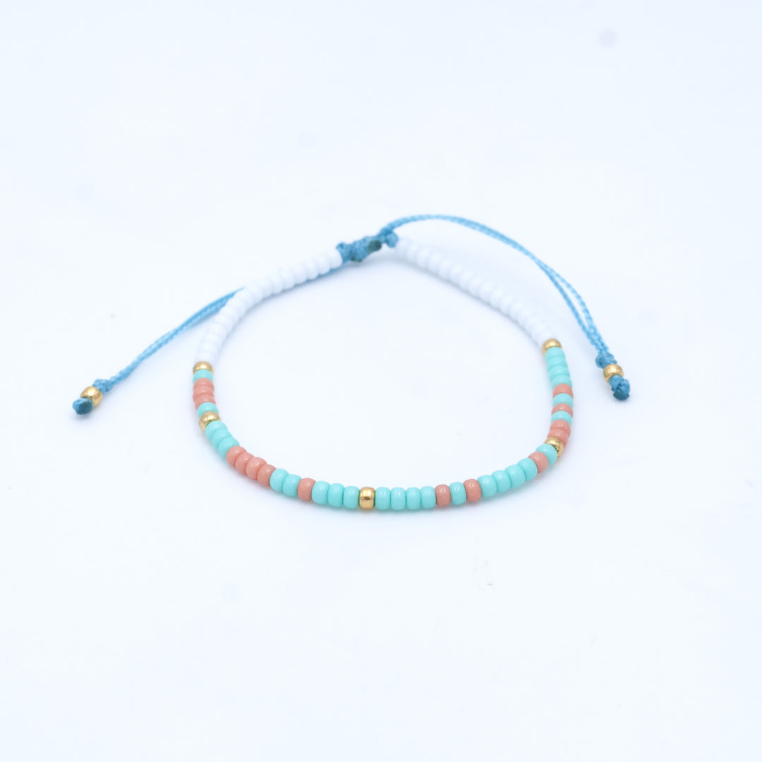 "JE VOUS SALUE MARIE" Bracelet code Morse bleu Catalina, saumon et or