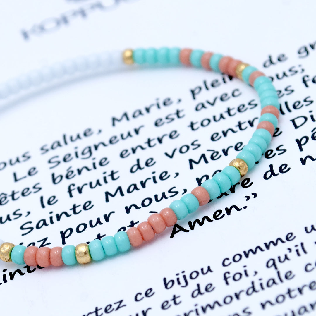 "JE VOUS SALUE MARIE" Bracelet code Morse bleu Catalina, saumon et or